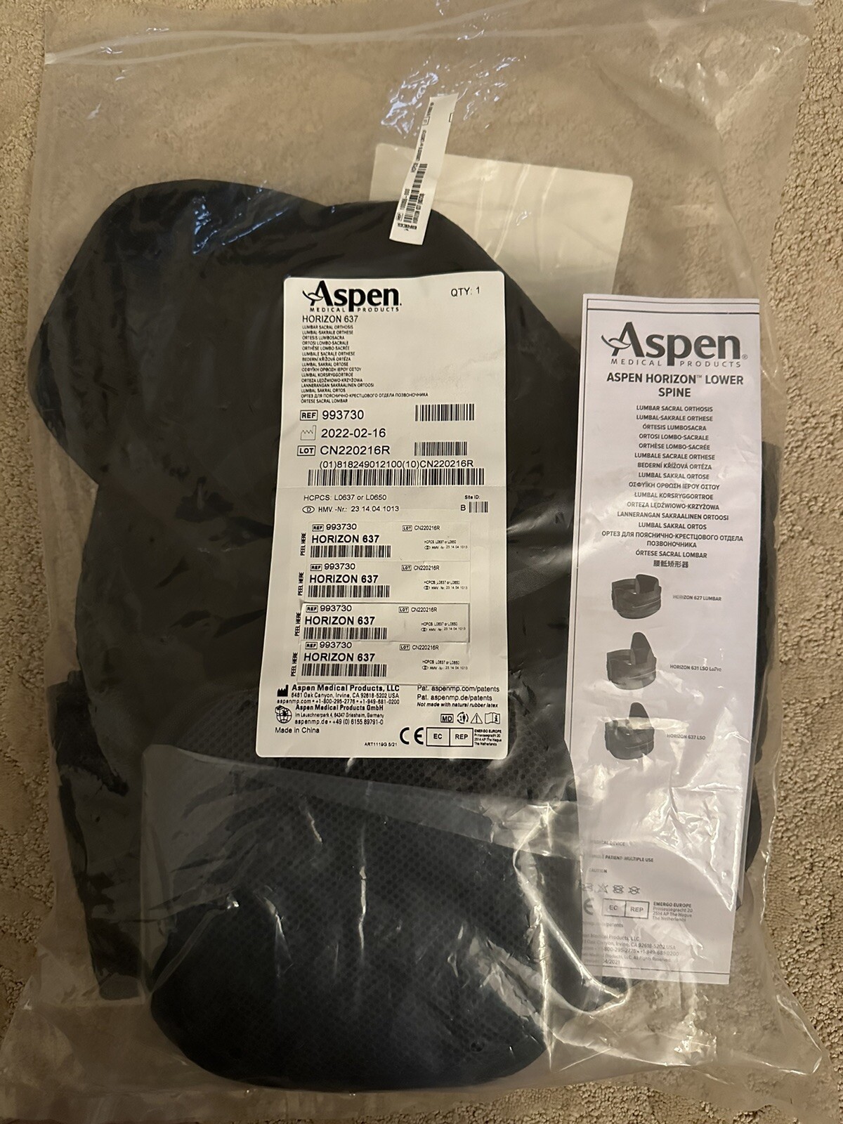 Aspen Medical 993730 Horizon 637 LSO Back Brace One Size Fits All