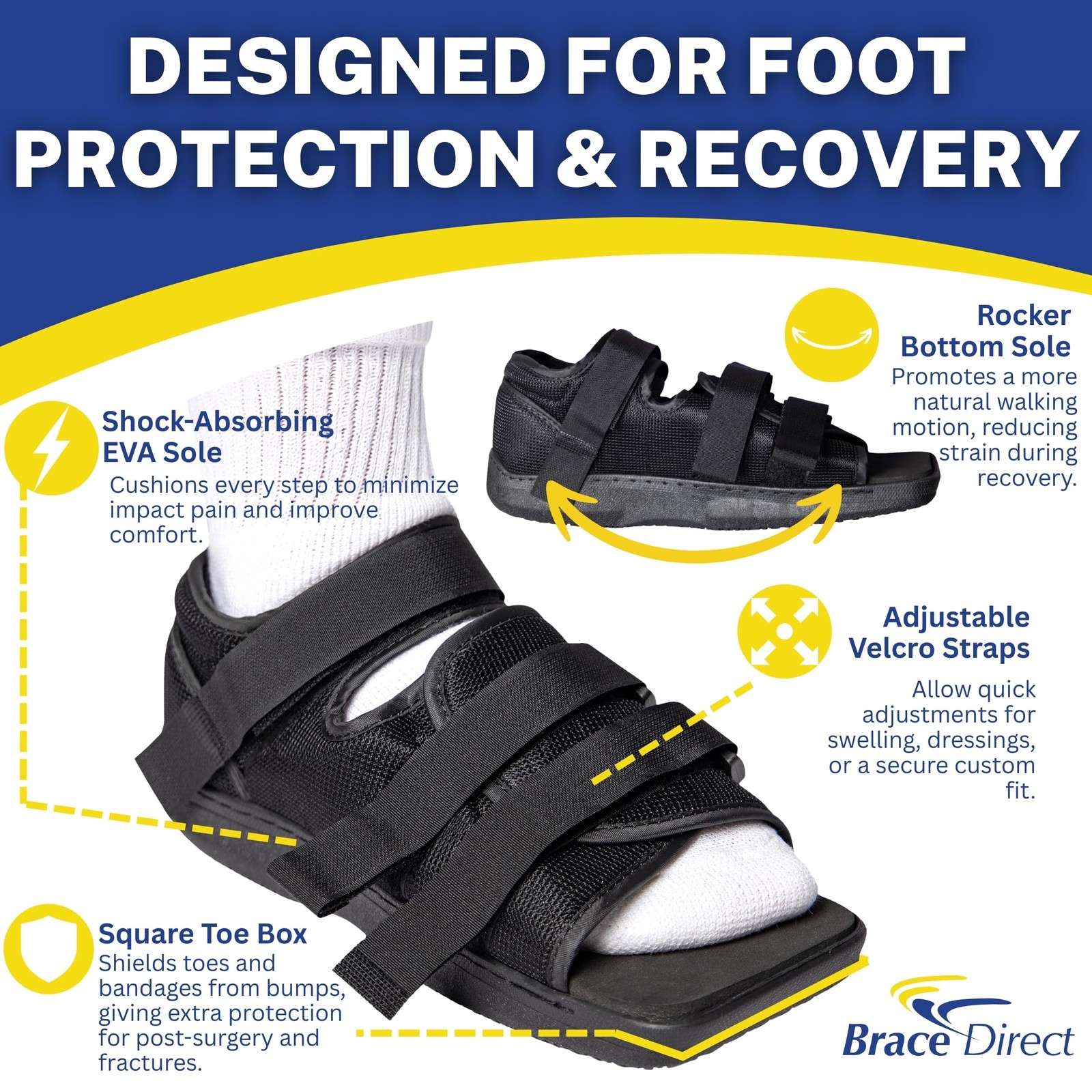 Brace Direct Post Op Shoe, Broken Toe, Bunion & Large (Pack of 1), Black