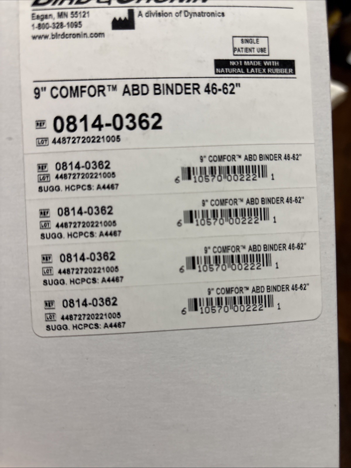 Bird And Cronin 9in Comfort ABD binder 46-62 Unused