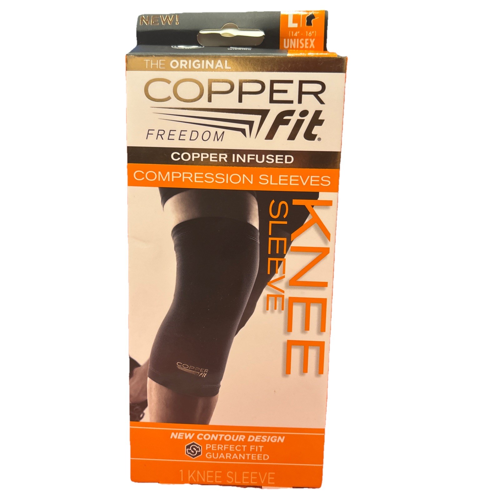 COPPER FIT sz large Compression Knee Sleeve UNISEX, 14″-16″, NEW Contour Design