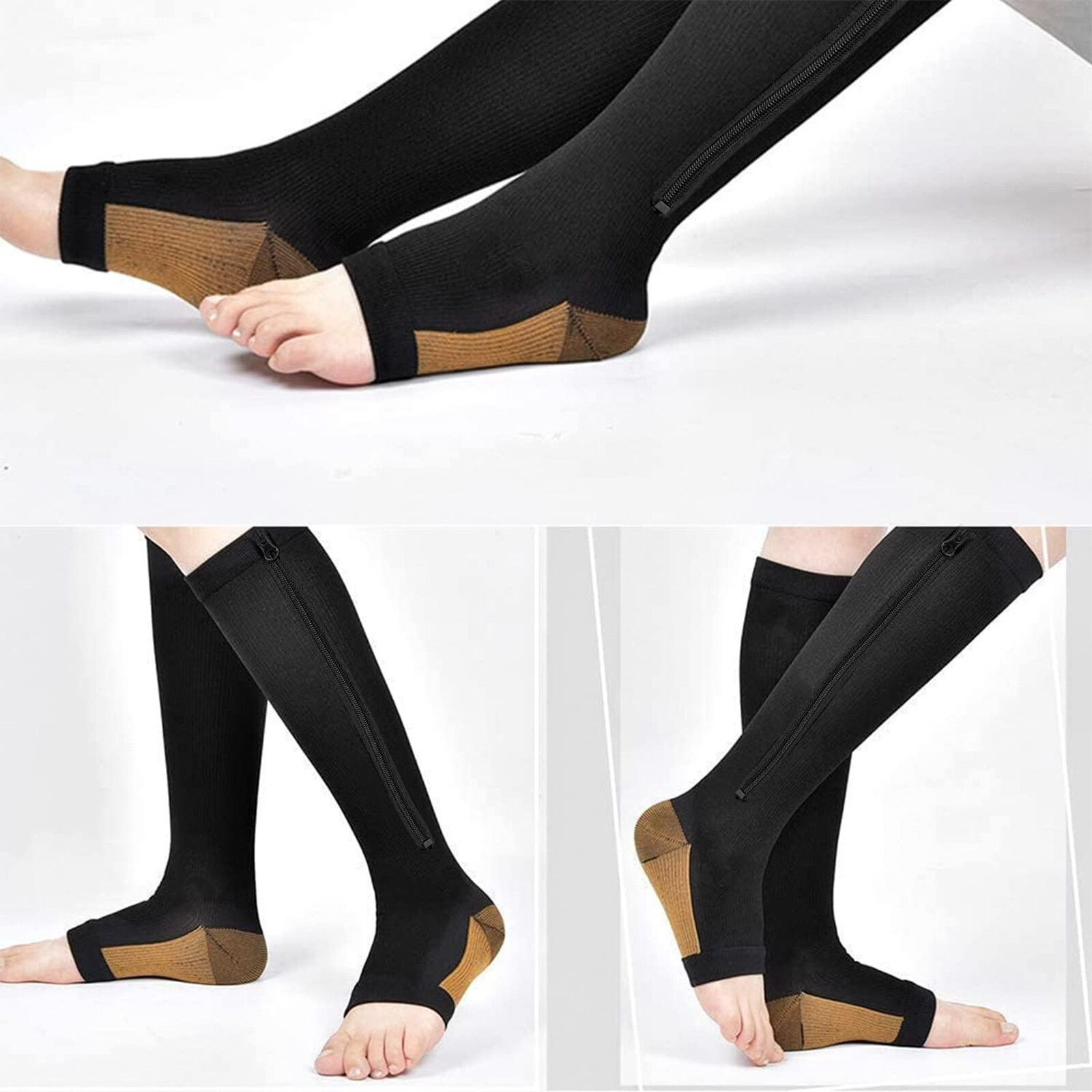 Open Toe Zipper Compression Socks 20-30mmHg Calf Leg Ankle Support Stocking