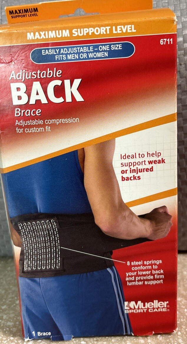 NEW Mueller Adjustable Back Brace, Black, One Size, Adjustable, 6711