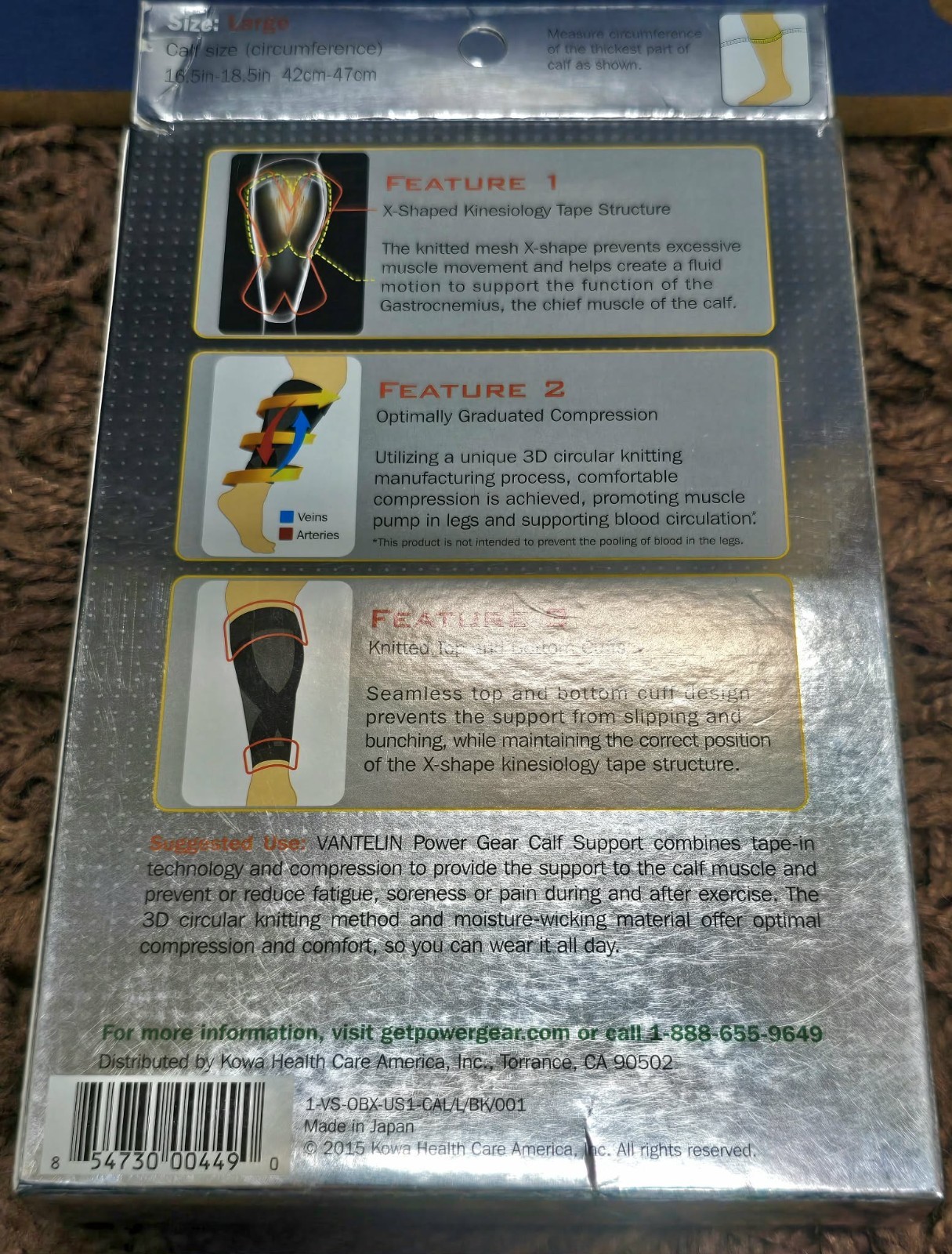 Vantelin Calf Support Calf & Shin Splint Compress Sleeve Pain Fatigue Relief LG