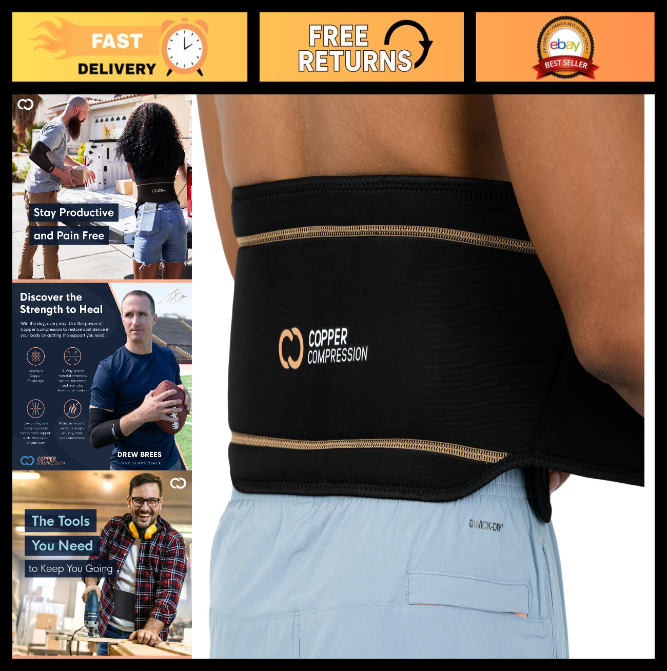 Adjustable Copper Infused Back Brace for Lower Back Pain Relief, Sciatica & Hern