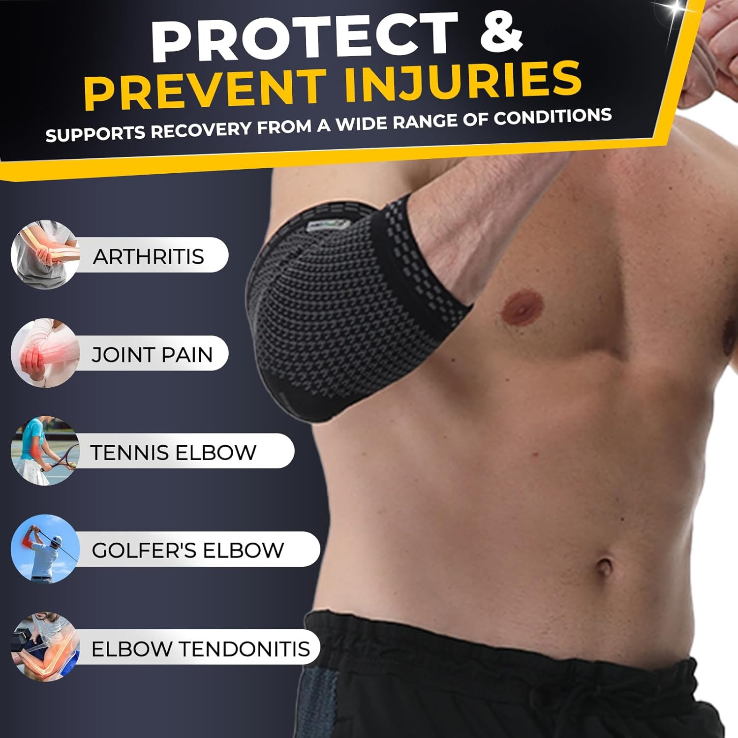 Elbow Support Brace – Breathable – Men, Women, Right or Left (Black Color, Size