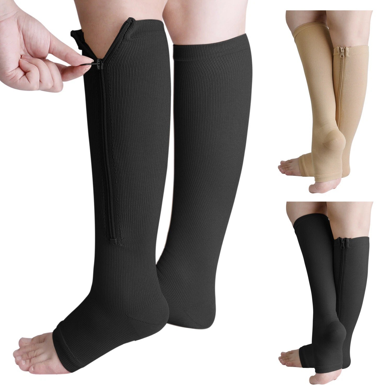 Nylon Zipper Compression Socks Support Graduated Stockings Mens Womens 20-30mmHg