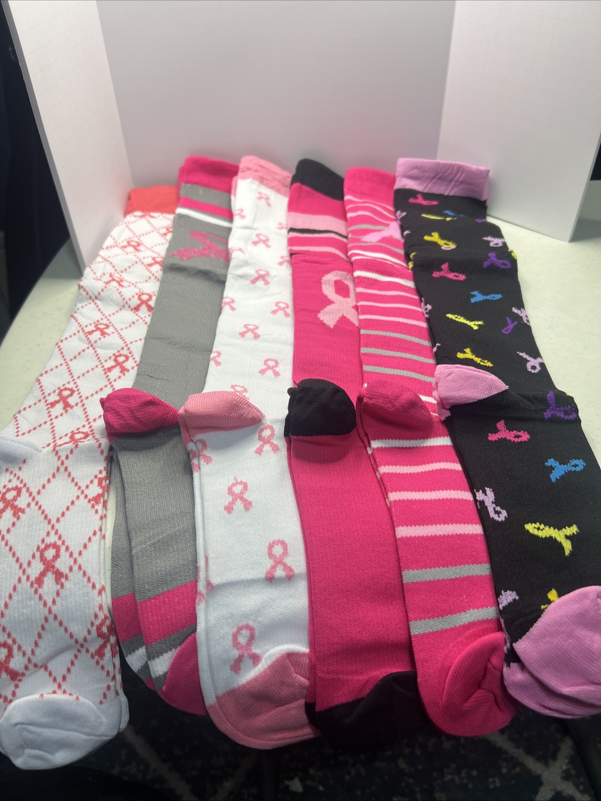 6 Pairs Breast Cancer Sign 20-30mmHg Compression Stockings Relief Support Socks