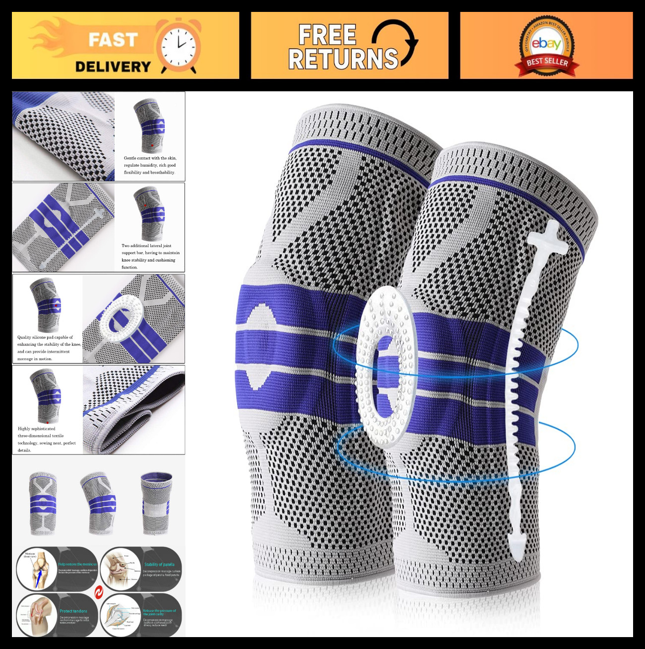 Knee Brace Compression Sleeve for Pain Relief, Patella Stabilizer & Support for