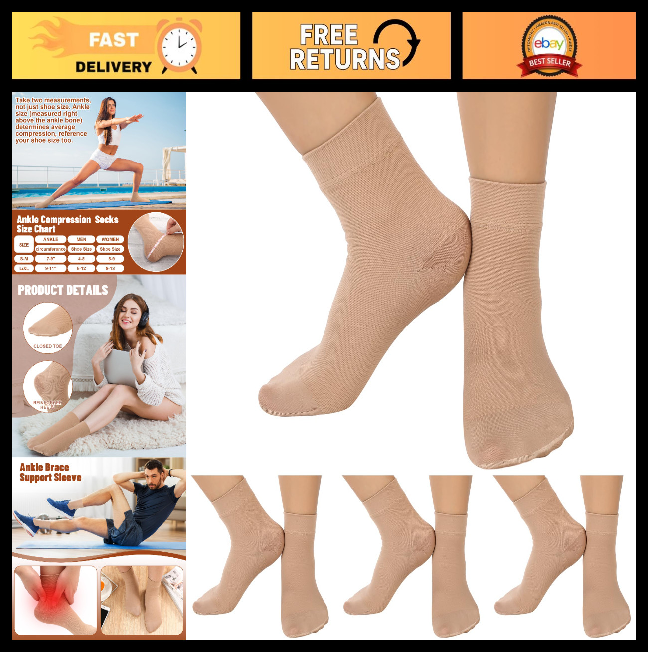 4 Pairs Ankle Compression Socks 15-20 mmHg Closed Toe Support Sleeve for Men & W
