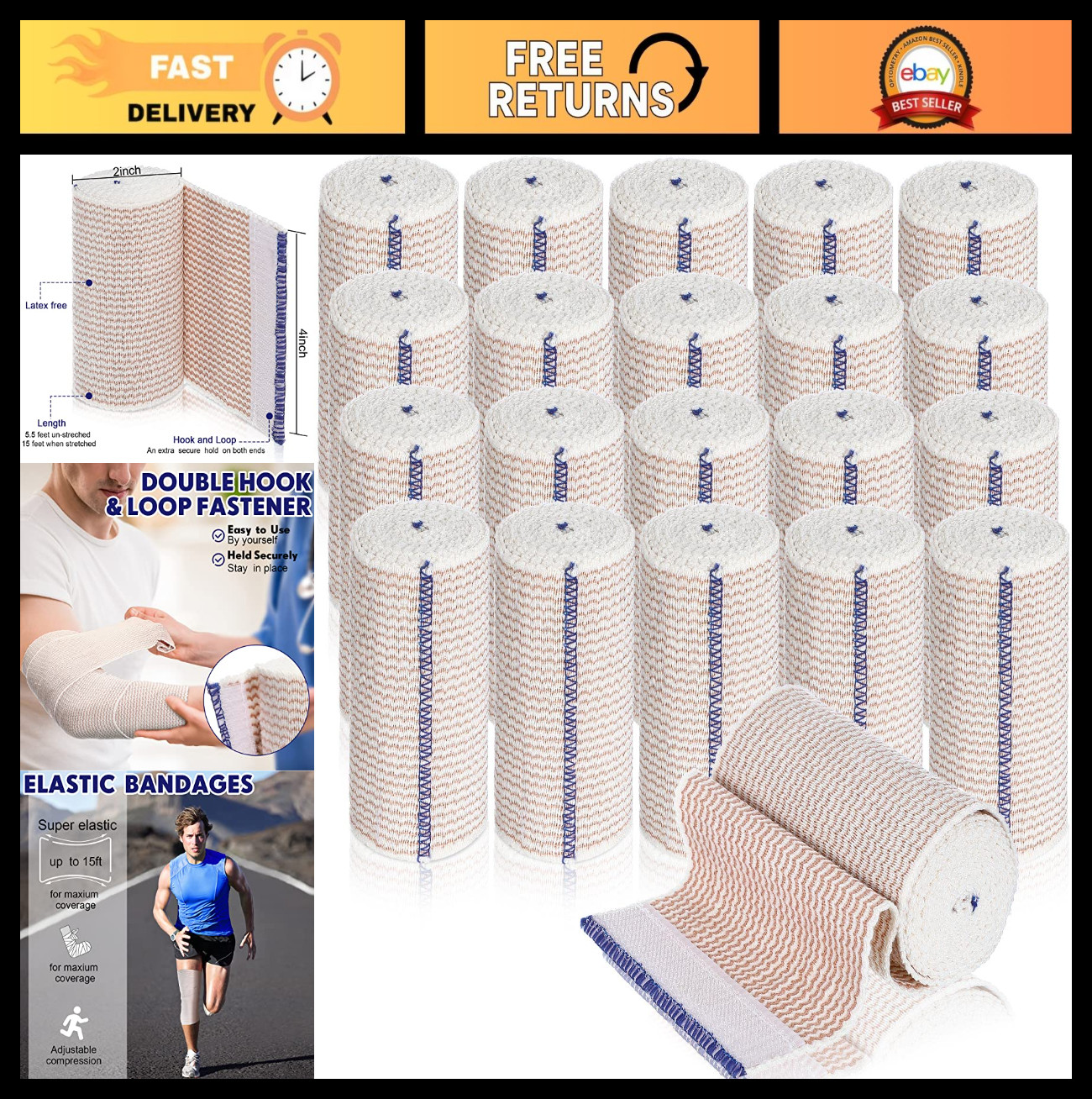20 Pack 4″ Elastic Bandage Wraps – Self-Closure Compression for Legs, Knees, Wri
