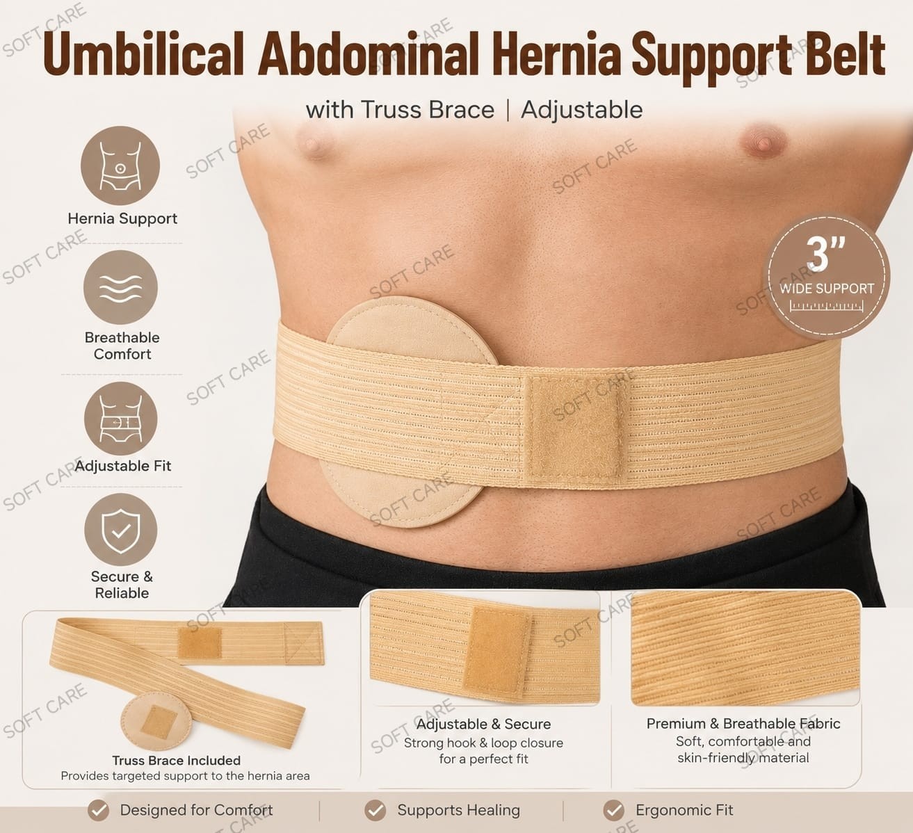 Umbilical Hernia Truss Support Belt for Relief – Adjustable Compression Brace