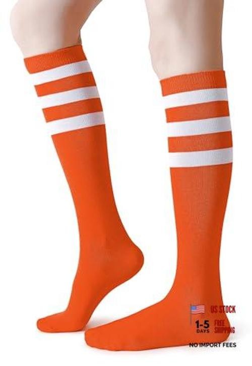 Cotton Knee High Socks Triple Stripes Over the Calf 9-13 A04-orange/White