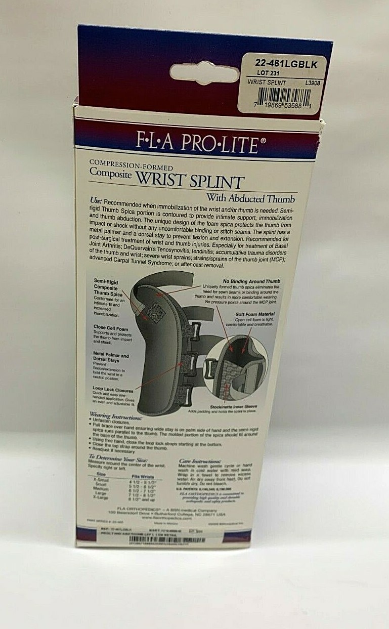 FLA Orthopedics ProLite Composite Wrist Splint with Abducted Thumb – Left – NEW
