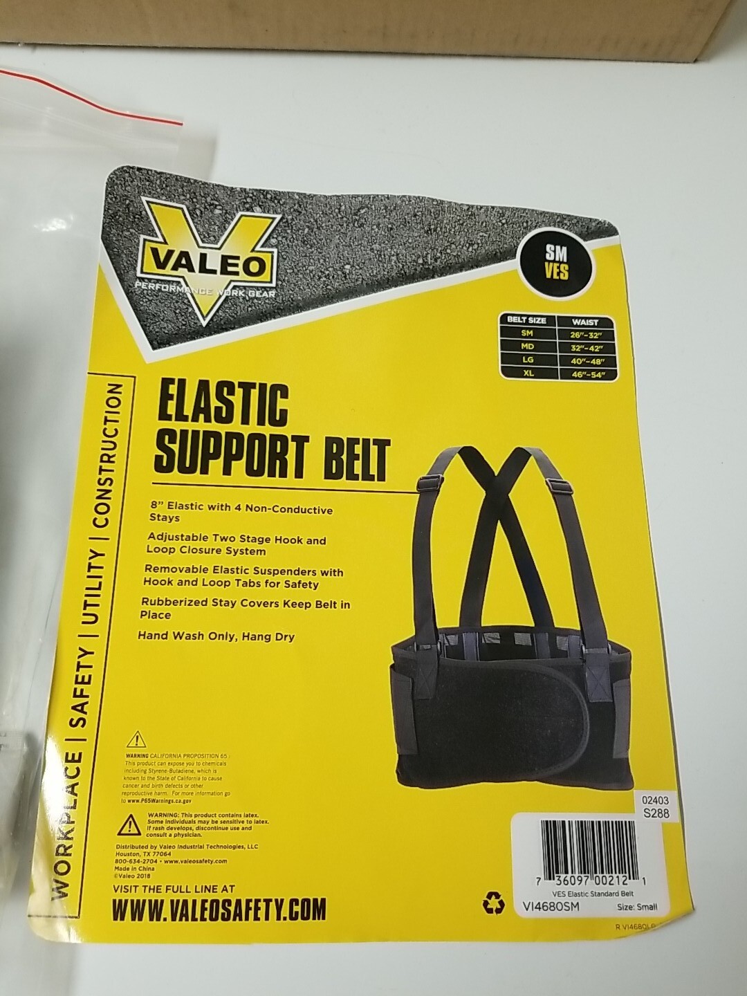 Valeo Elastic Support Belt Small 26″-32″ Black V14680SM Back Safety New