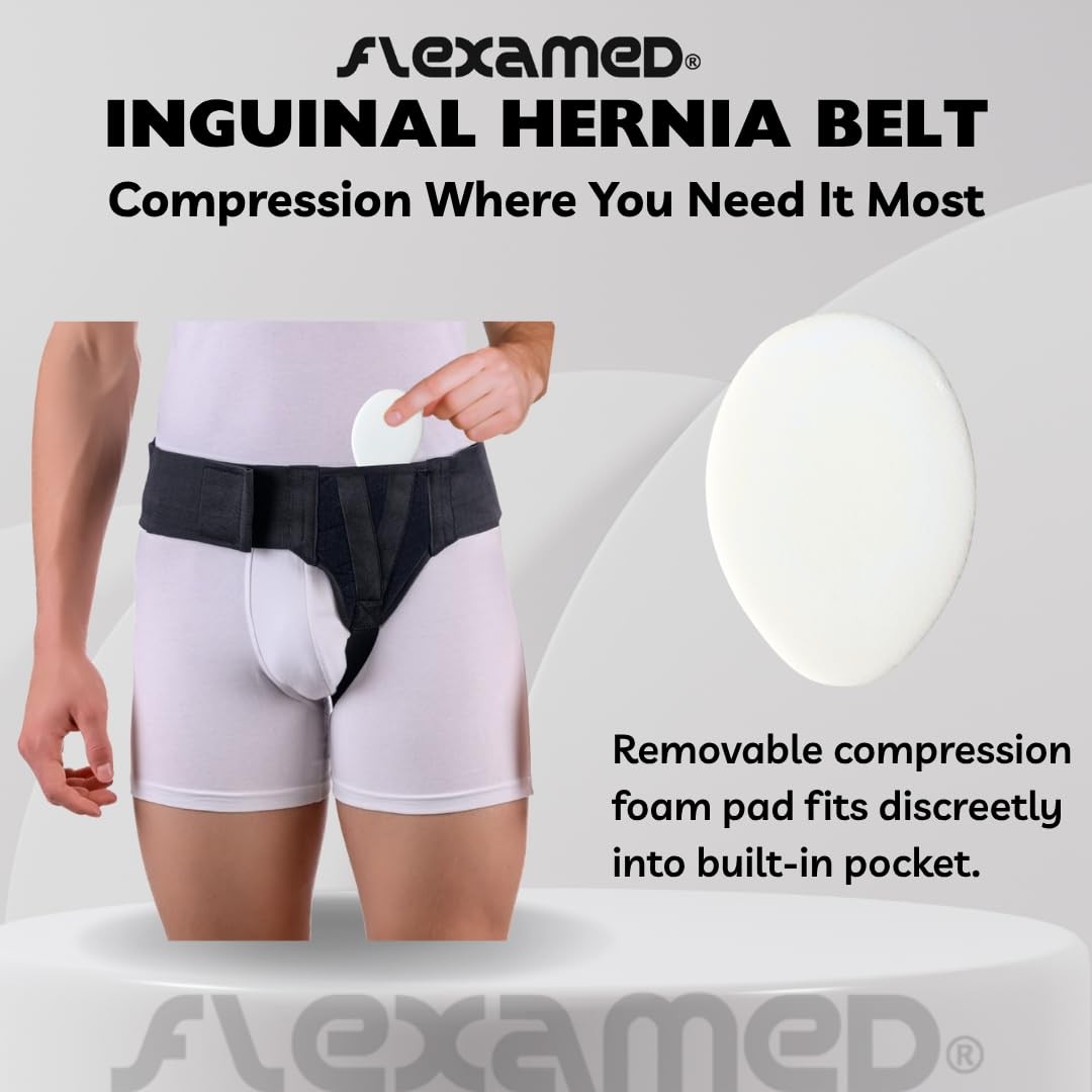 FlexaMed Double Inguinal Hernia Truss Belt Support Pads Black Medium