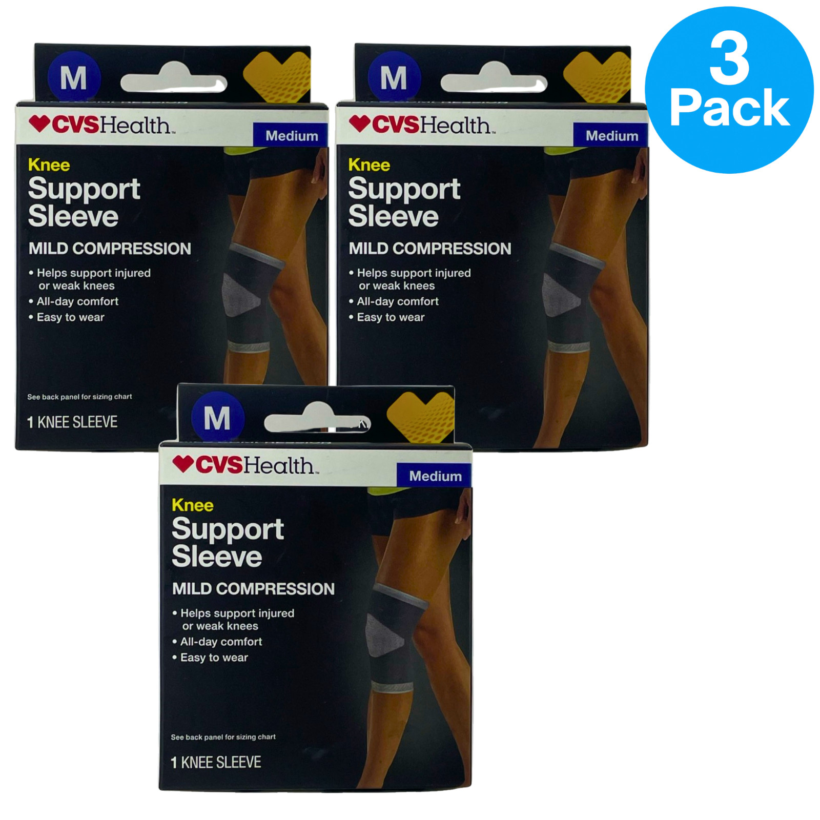 CVS Health Knee Support Sleeve Mild Compression Size Medium 14.5-17″ (3 Pack)
