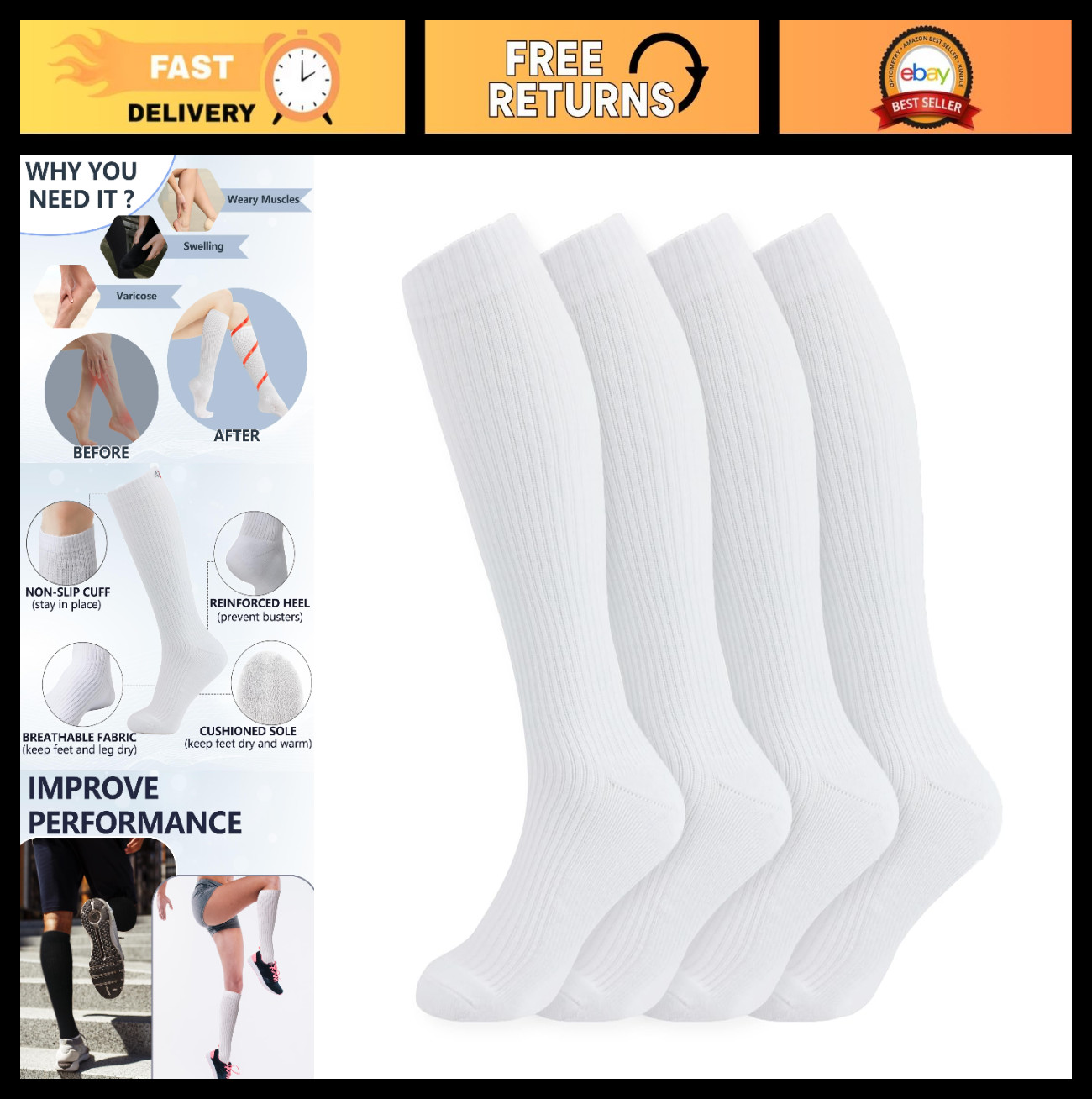 Cotton Compression Socks 15-20mmHg Knee High for Men & Women – 4/6 Pairs for Spo
