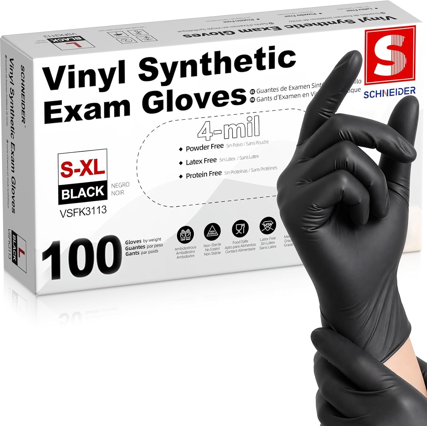Schneider Vinyl Synthetic Exam Gloves 4 Mil Latex Free Disposable Black Gloves