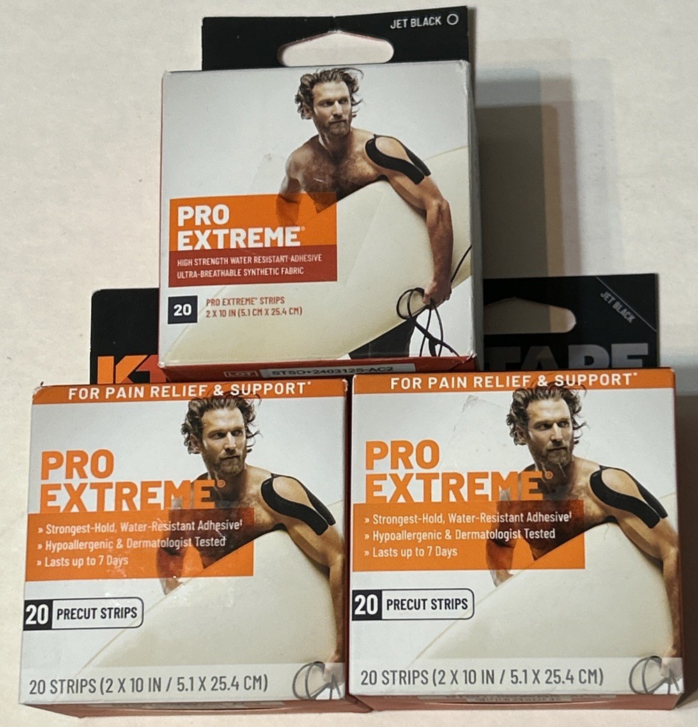 (3) KT Tape Kinesiology Tape Pro Extreme Strips Jet Black 20 Precut Strips Each