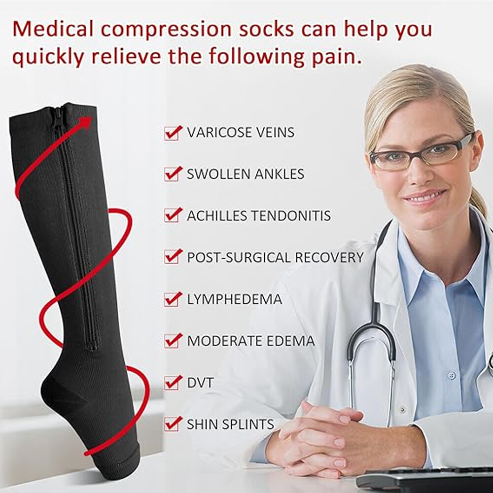 1-3 Pairs 20-30 mmHg Zipper Compression Grade 2 Color Open Toe Socks Inside Leg