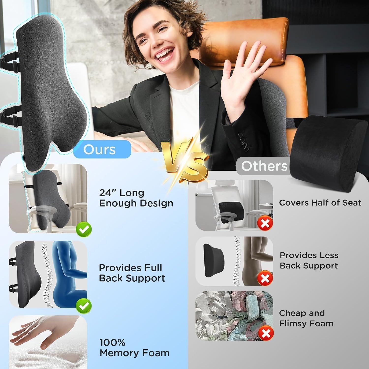 Teemour High Back Support Pillow Memory Foam Lumbar Office Gaming Chair