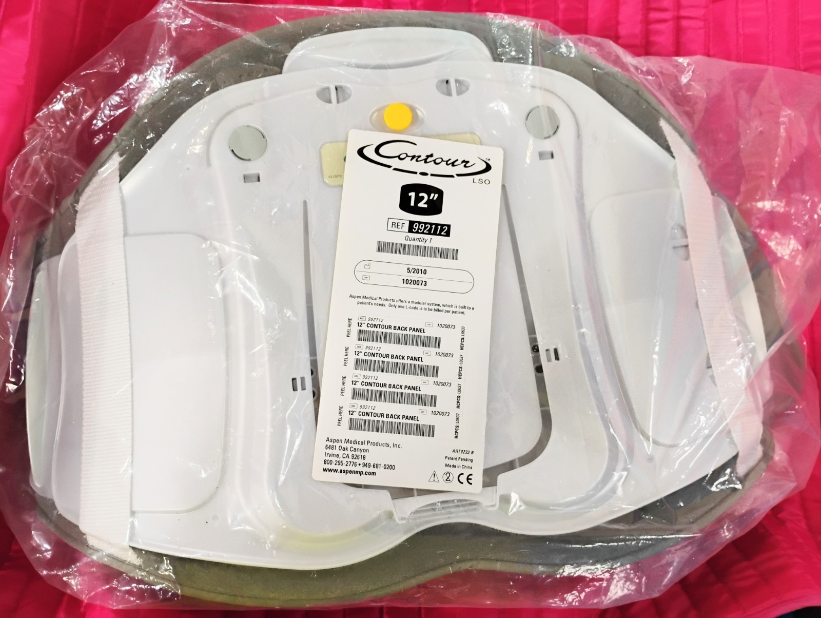 992112 Aspen Contour LSO 12″ Back Brace Panel, White, NEW