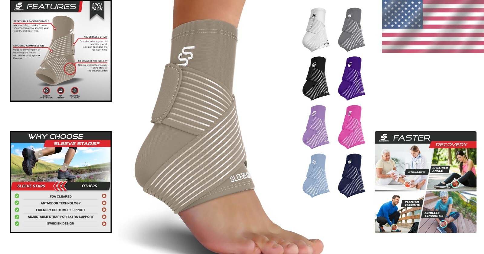Ankle Compression Sleeve with Adjustable Strap for Sprain & Plantar Fasciitis