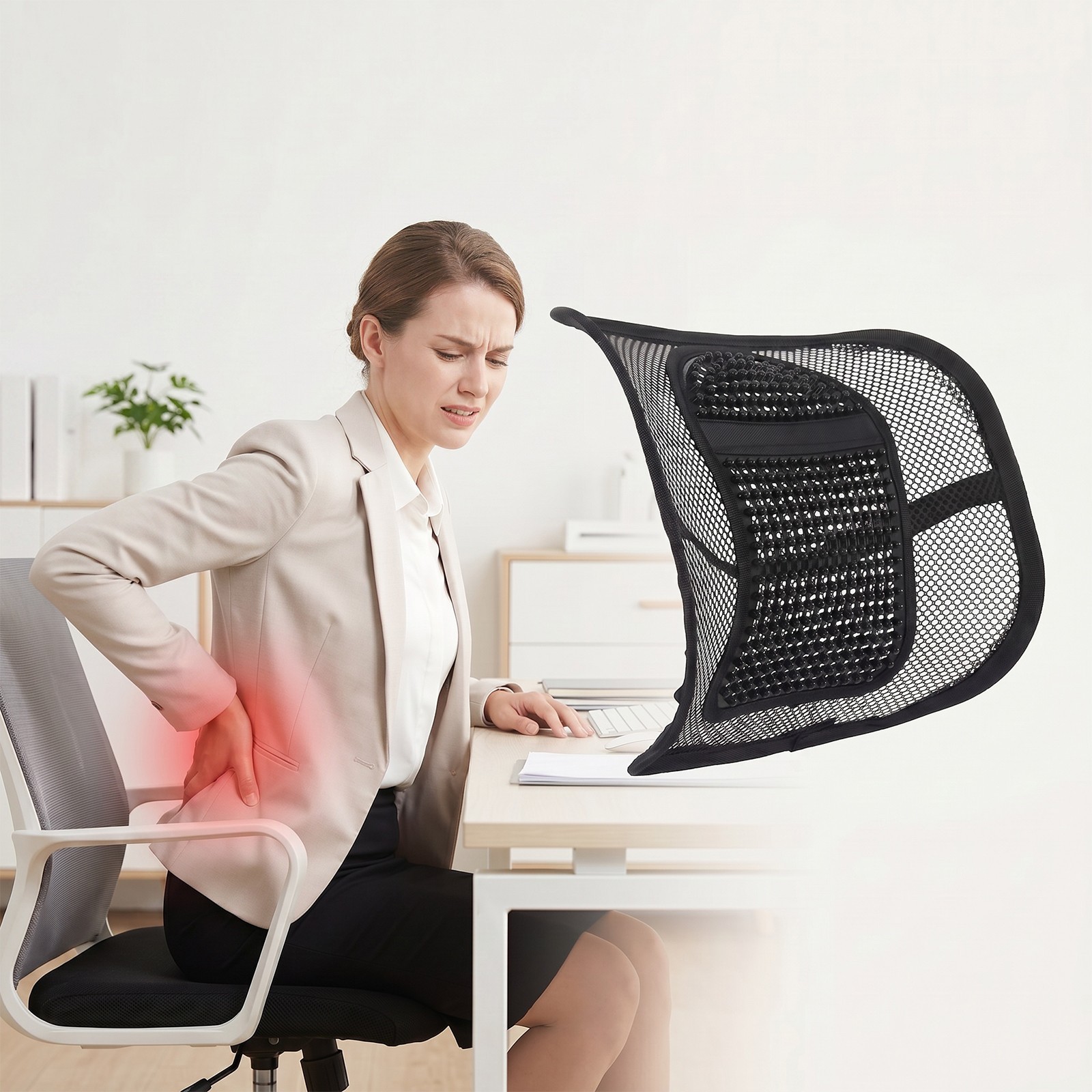 Car Seat Back Support Breathable Mesh Back Lumbar Support Cushion w/Massage Bead
