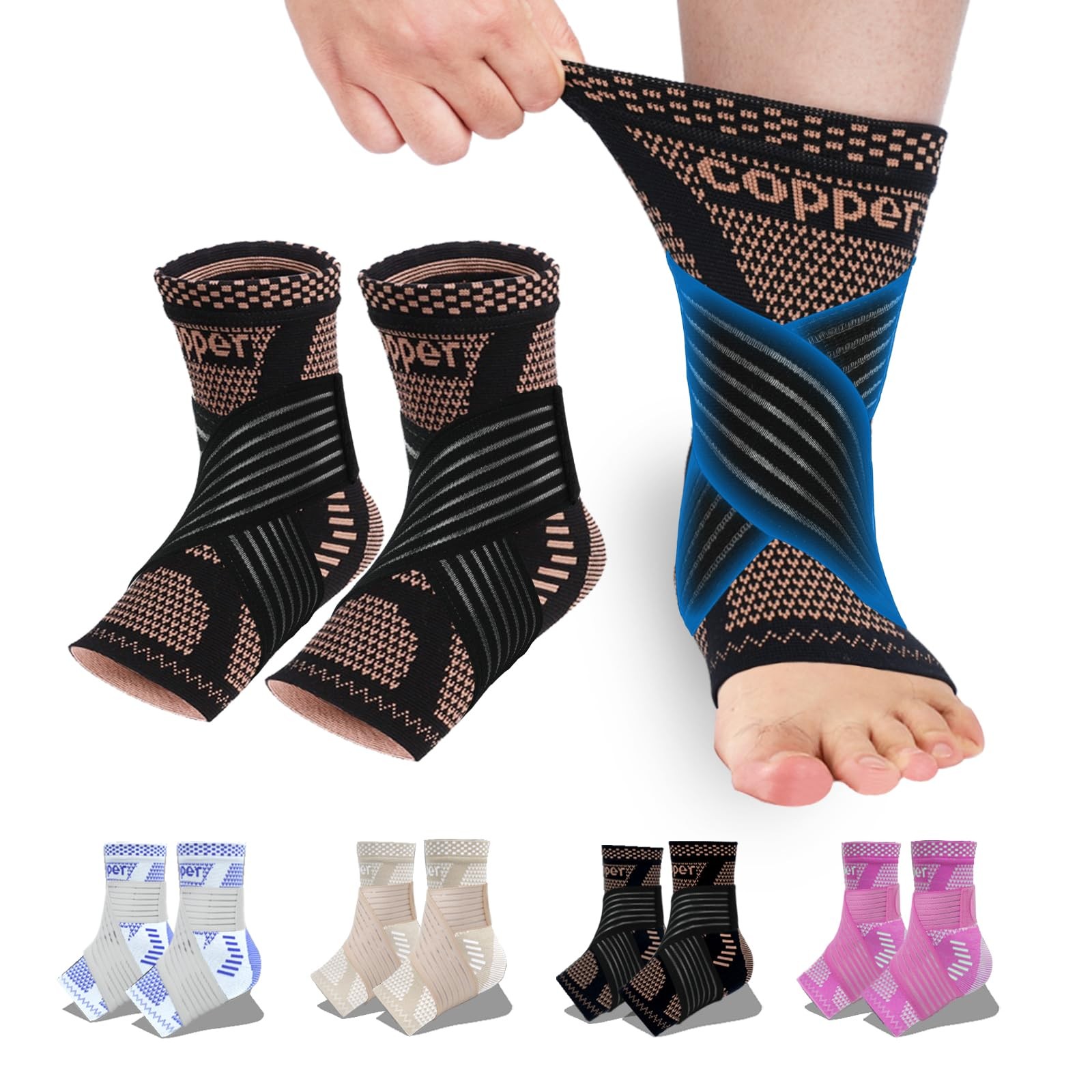 LISEPWU Copper Ankle Brace with Adjustable Compression Bandage, Large, Black