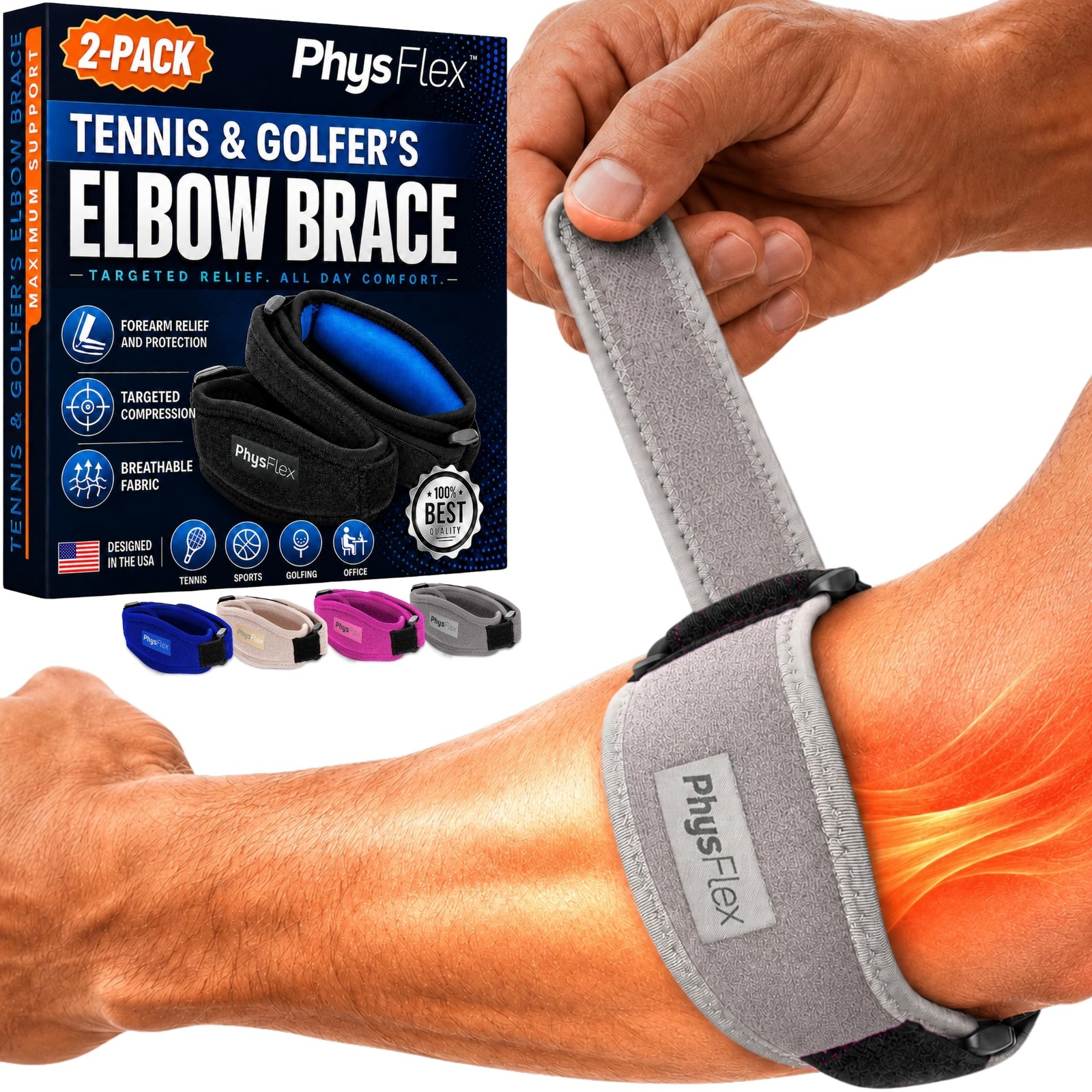 2-Pack Tennis Elbow Brace for Men & Women, Golfer’s One Size, Gray