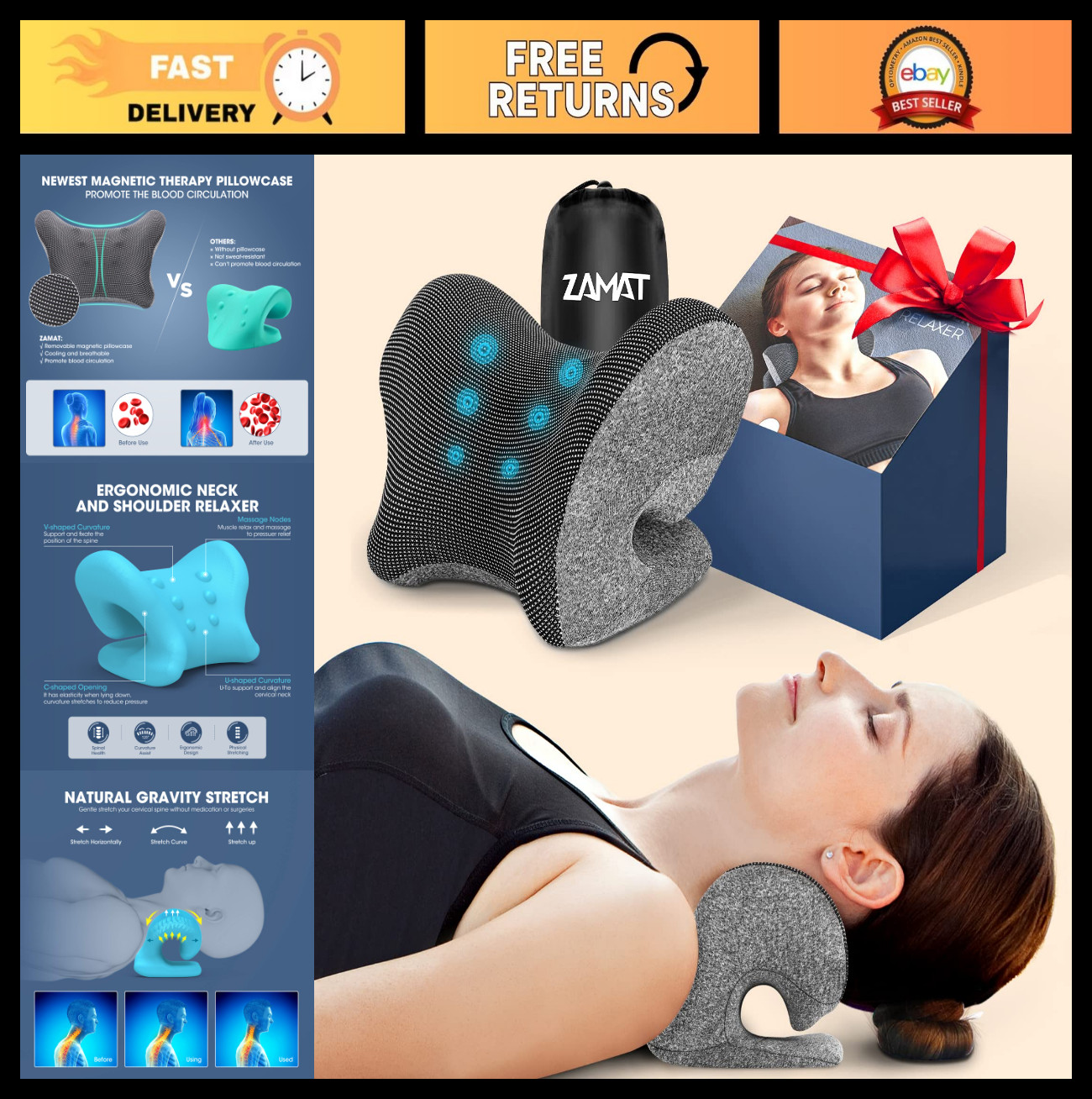 Neck & Shoulder Relaxer with Magnetic Therapy Pillowcase – Cervical Traction Dev
