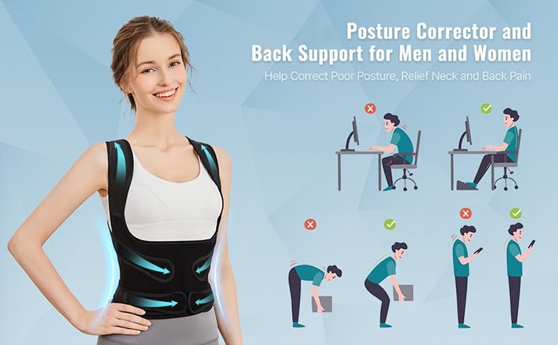 Adjustable Upper Back Posture Corrector Brace for Men & Women – Medium, Black