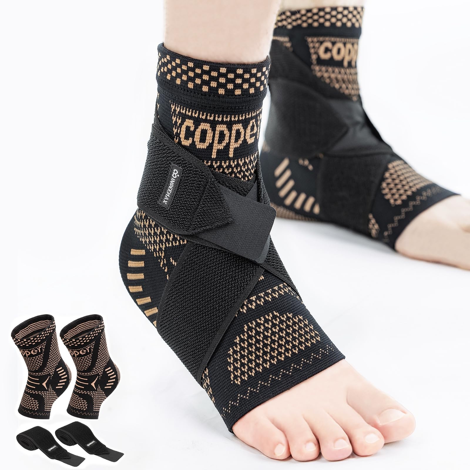 Copper Infused Ankle Brace Sprained Compression Sleeve Size L Black 2 PCS