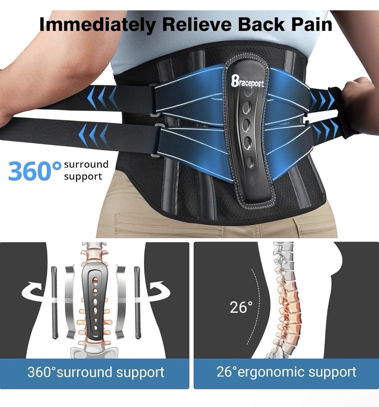 Bracepost Lower Back Brace Hot Cold Ice Pack Lumbar Support Belt Large