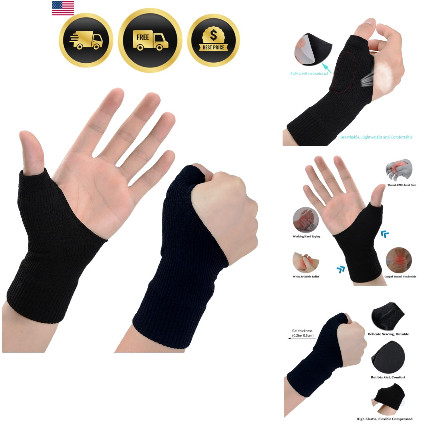 Thumb Wrist Arthritis Gloves 2Pcs, Elastic Compression Sleeves Fingerless Glo…