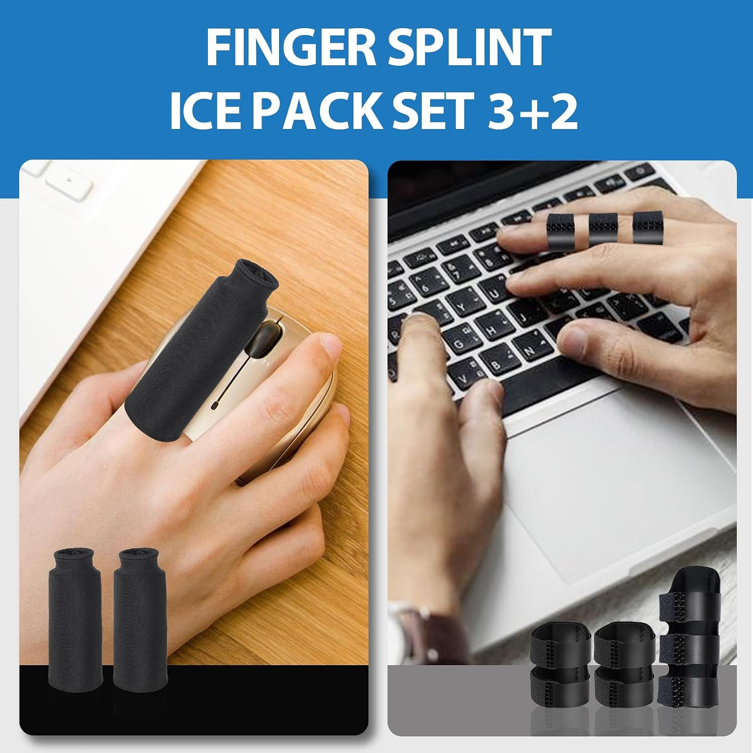 Trigger Finger Splint and Ice Pack Sleeve (3+2 Set) for Pain Relief Injured Fing