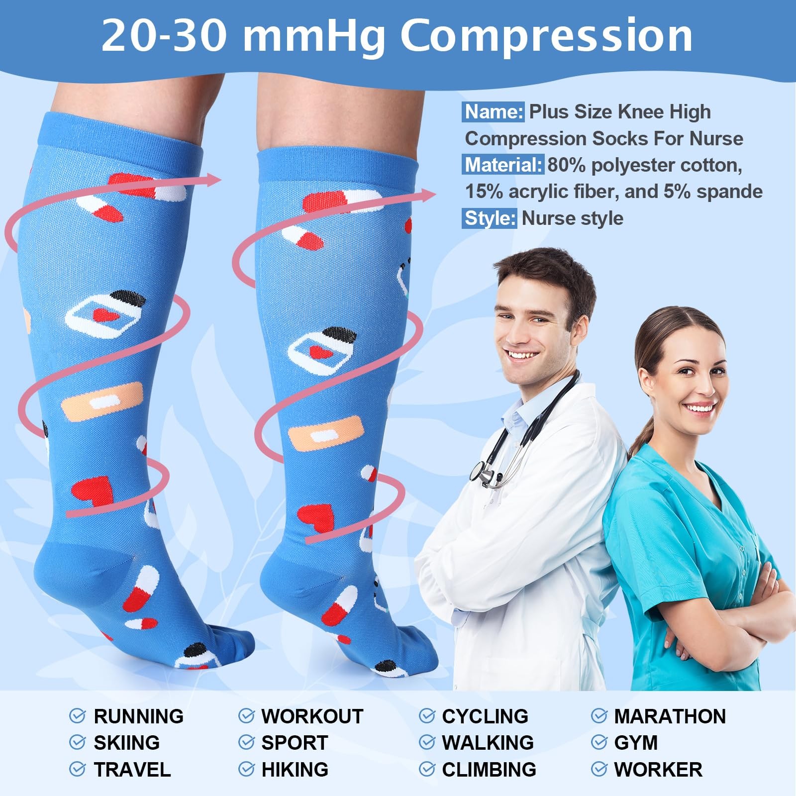 Nurse Compression Socks 3XL Plus Size Wide Calf Knee High 20-30 mmHg 8 Pairs