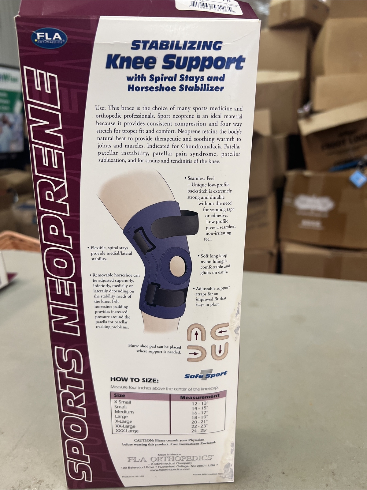 FLA Small Stabilizing Knee Support w/Spiral Stays & Horseshoe Stabilizer Blk NIB