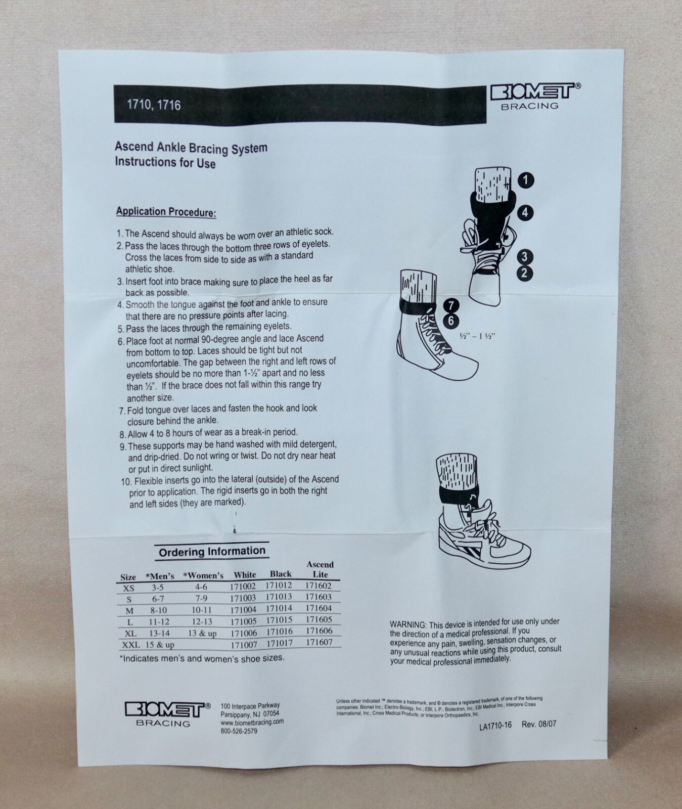 Biomet Ascend Lite Lace Up Ankle Brace ~ Adult X-Large ~ Black #171606 NEW