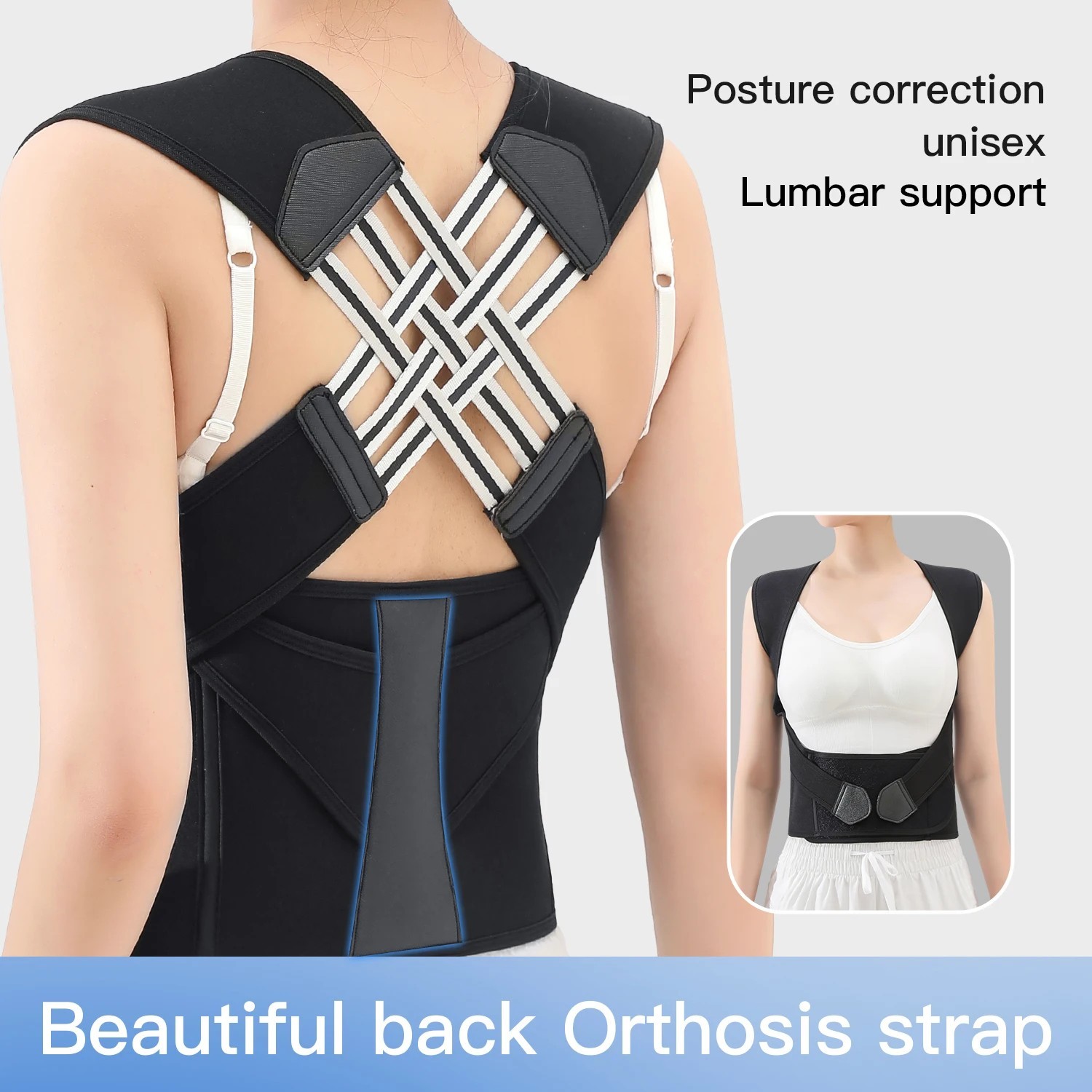 Black Posture Corrector Brace for Women Adjustable Breathable Back Support Belt