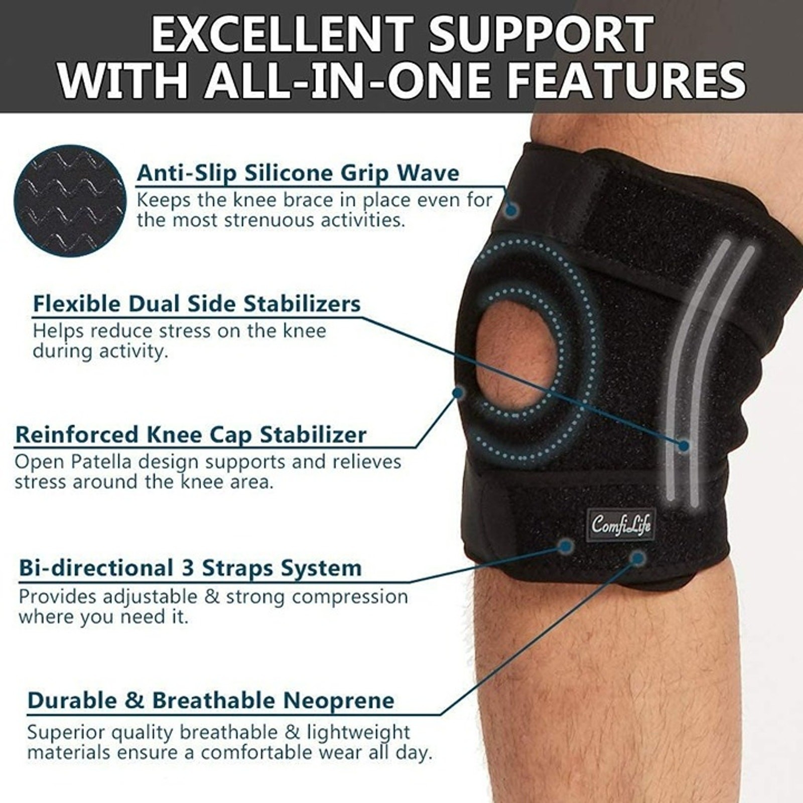 Knee Brace for Pain Relief Working Out, Running, Injury Recovery Non-Slip (Large