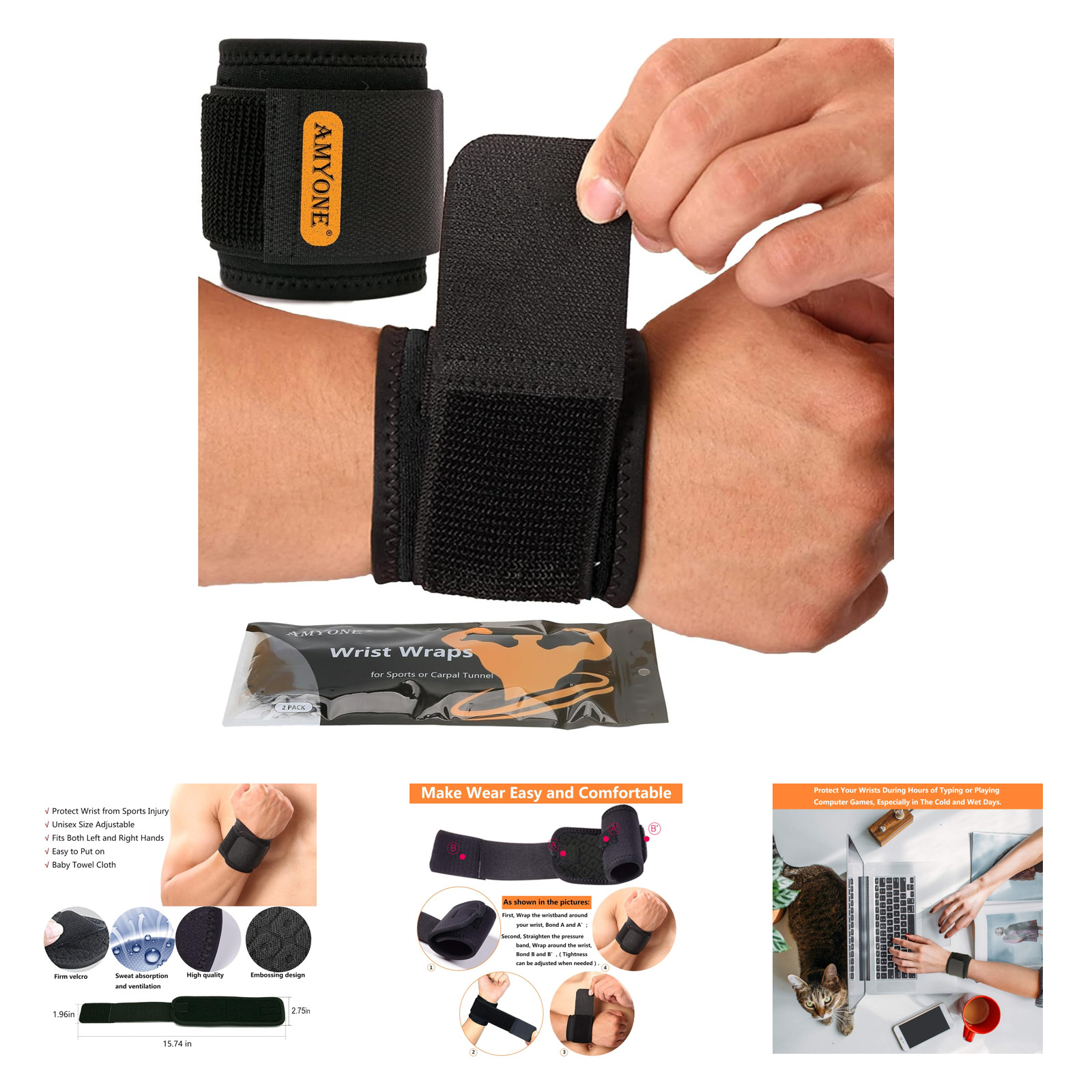 Wrist Brace Pair for Carpal Tunnel Relief and Support Adjustable Elastic