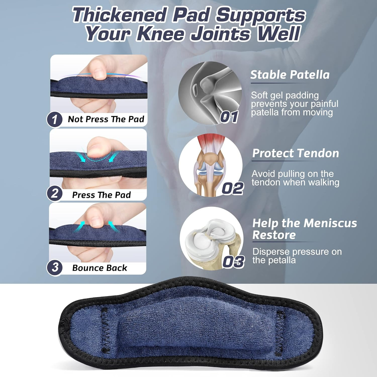 2 Pack Thickened Pad&Wide Patella Knee Strap,Pain Relief Patellar Tendon Support