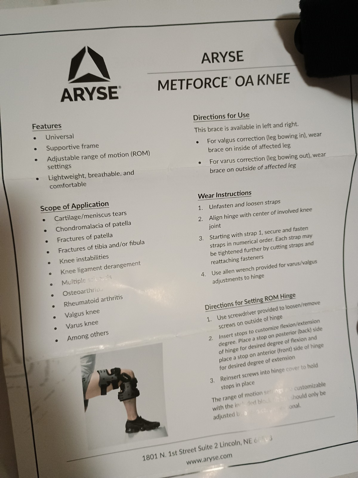 Aryse LEFT MetForce Knee Brace🏵️AY-43-L L1843/L1851 OA Support Breathable Light