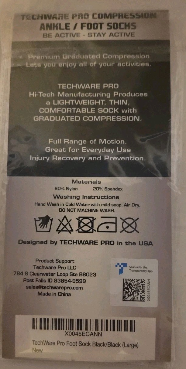 TechWare Pro Compression Ankle / Foot Sleeve Pair – Size L – New