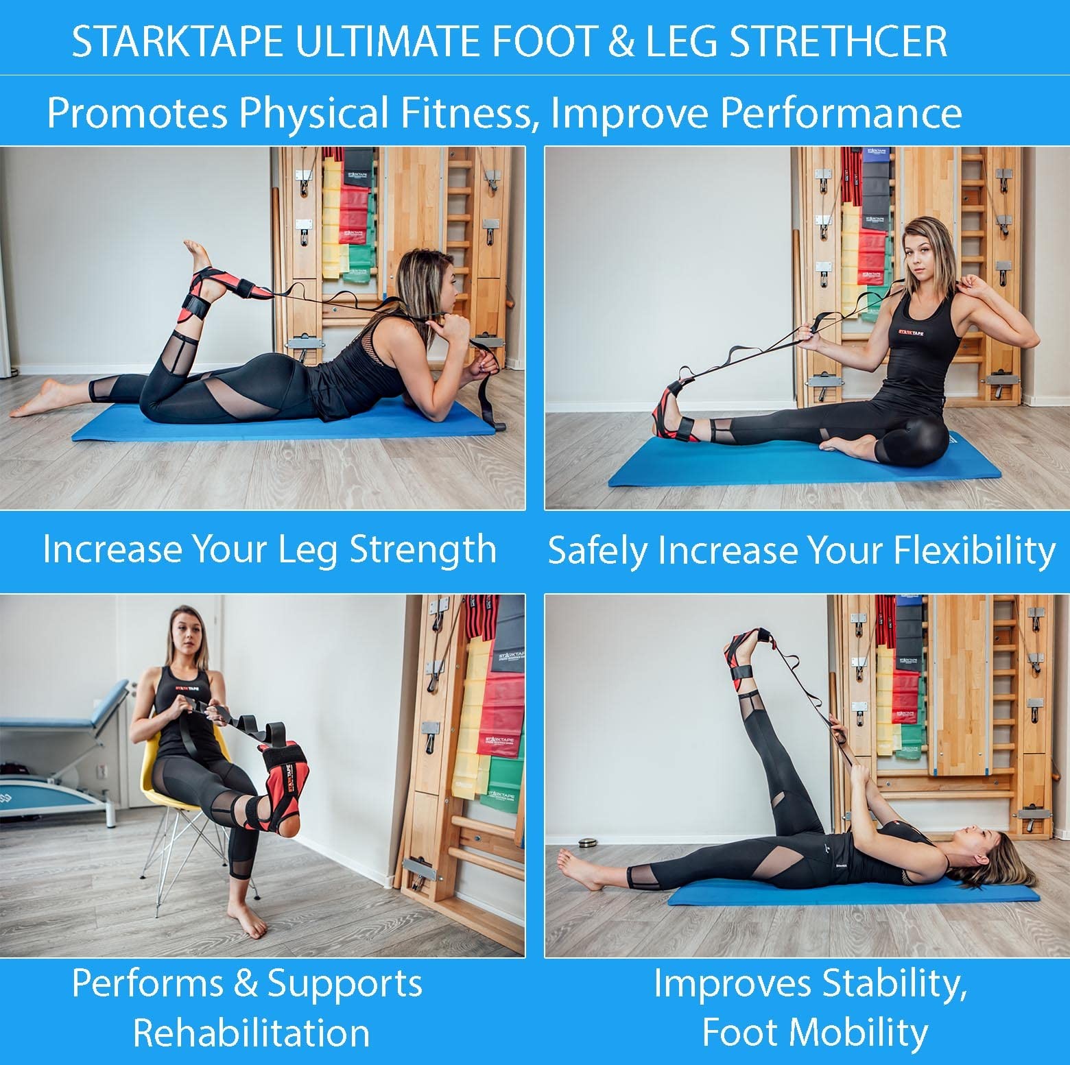 Starktape Fitness Foot and Leg Stretcher for Plantar Fasciitis, Improve Blue