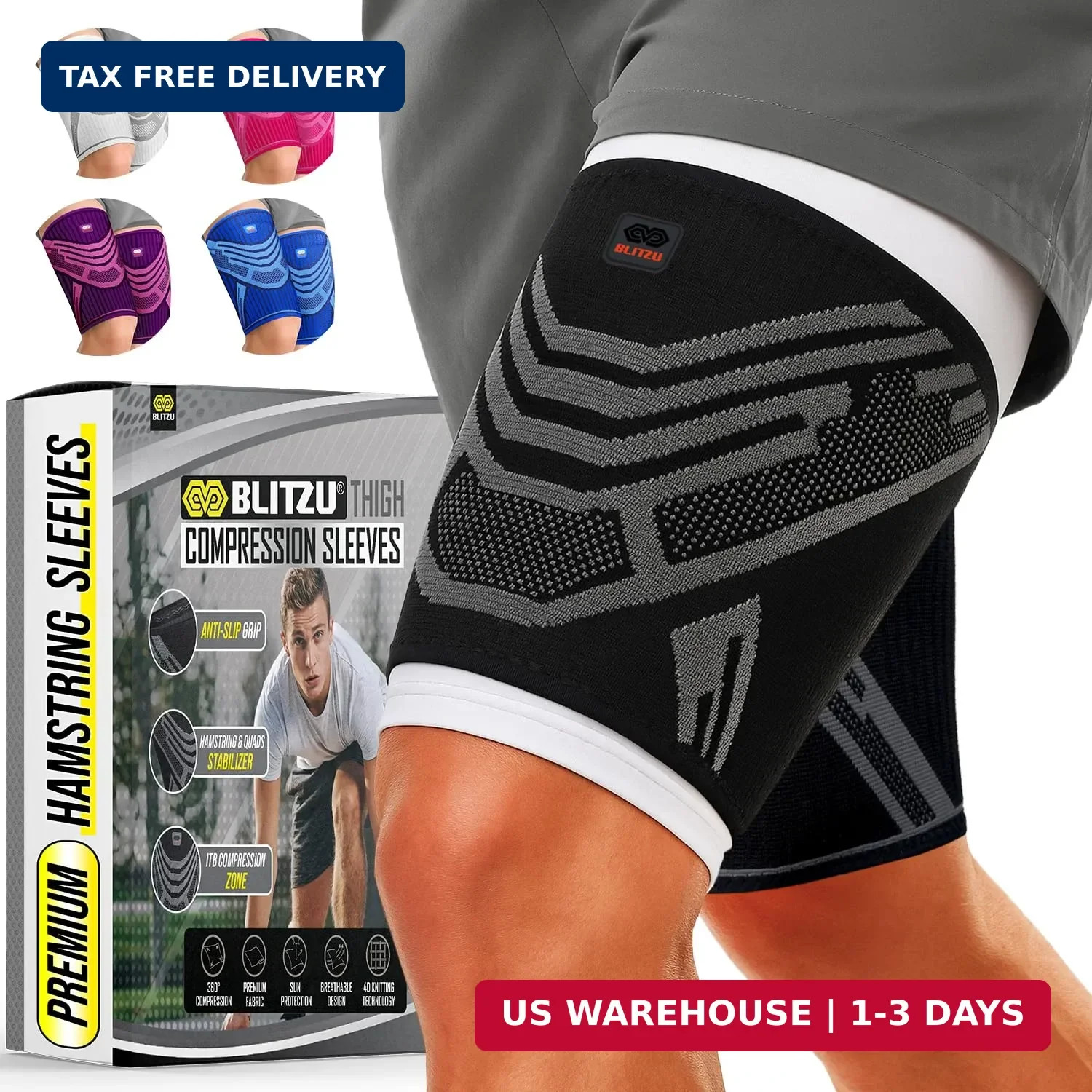 BLITZU Hamstring Compression Sleeve 1 Pair, Upper Leg Sleeves, Thigh, Quad & Gro