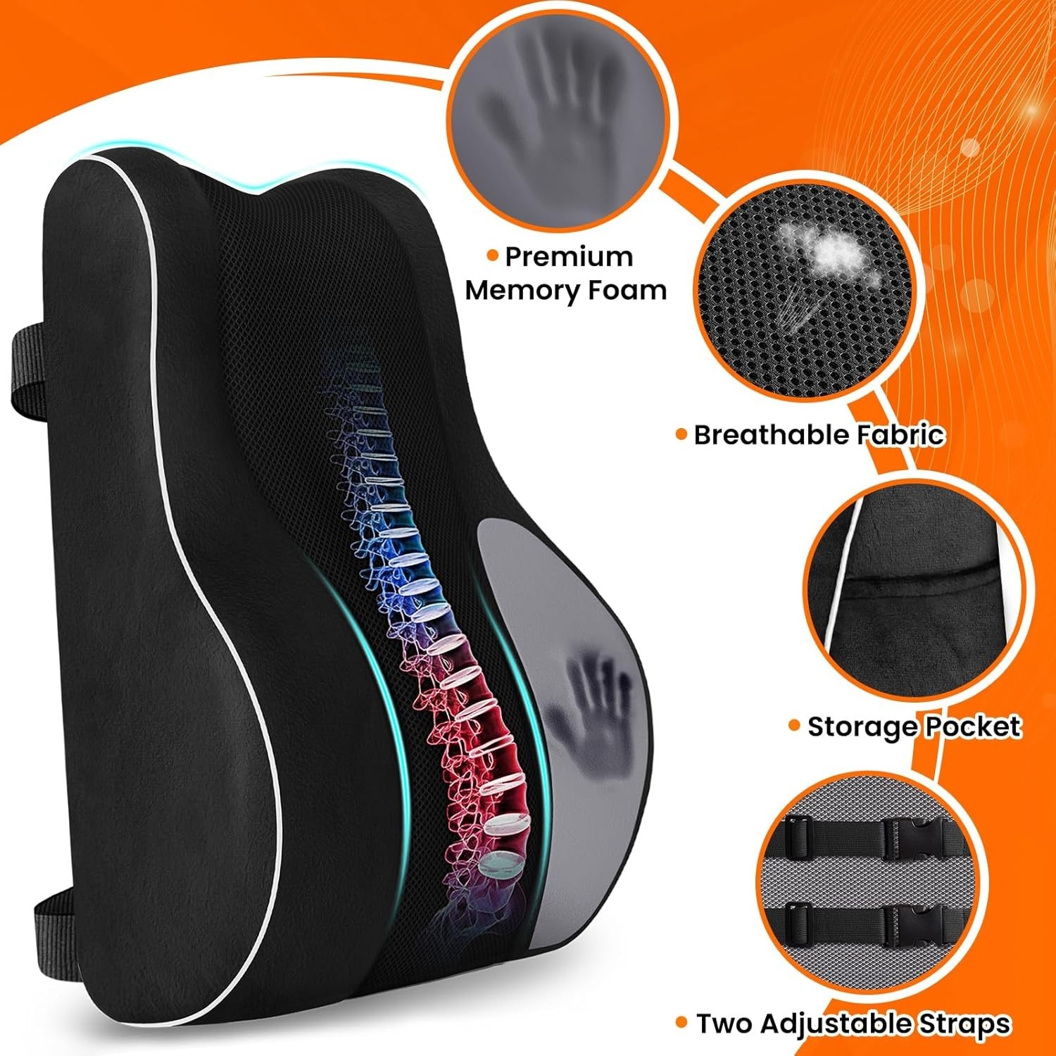 CloudBliss Lumbar Support Pillow Memory Foam Back Cushion Black Office Chair