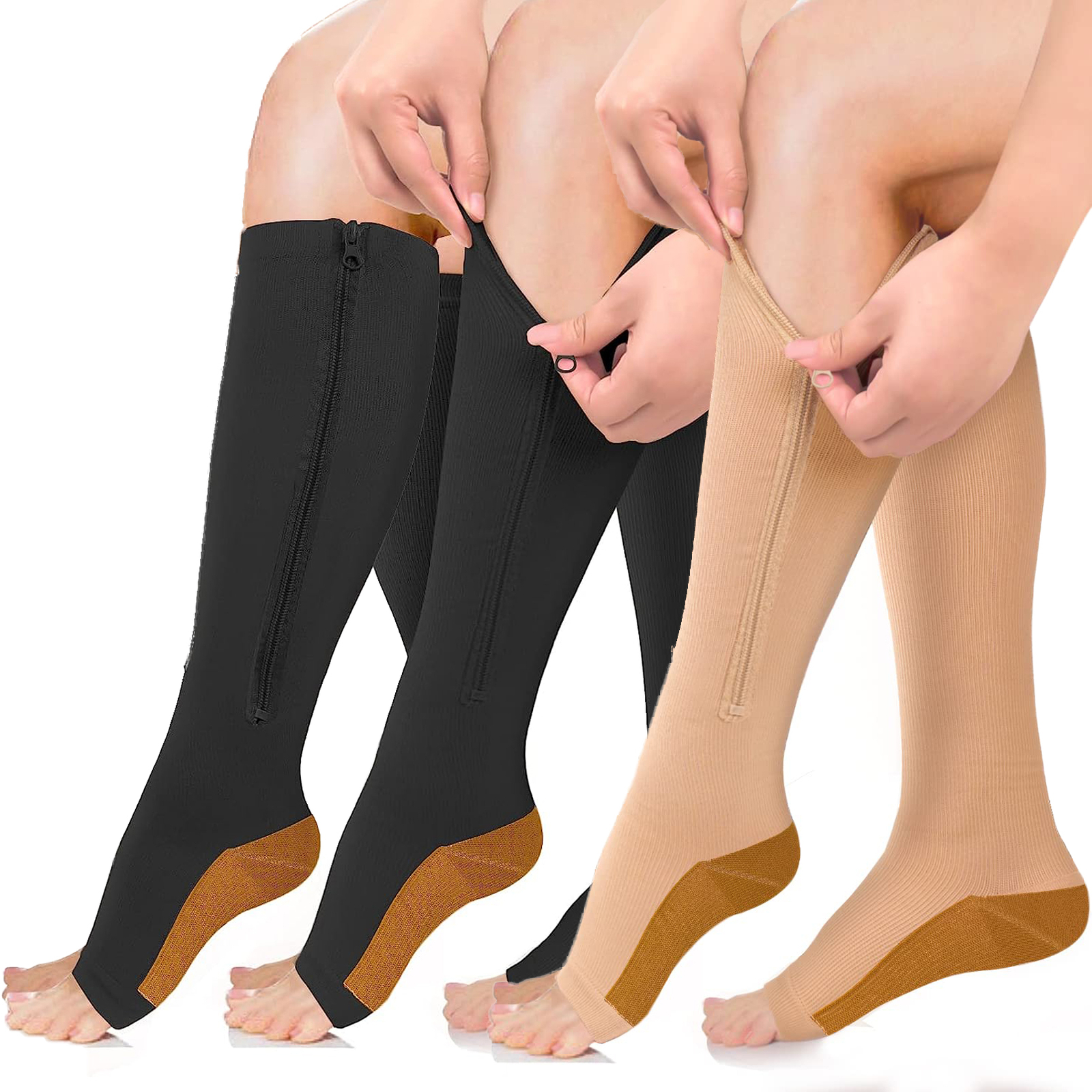 Men Zipper Compression Socks Graduated 20-30 mmHg Support Stocking Copper Women