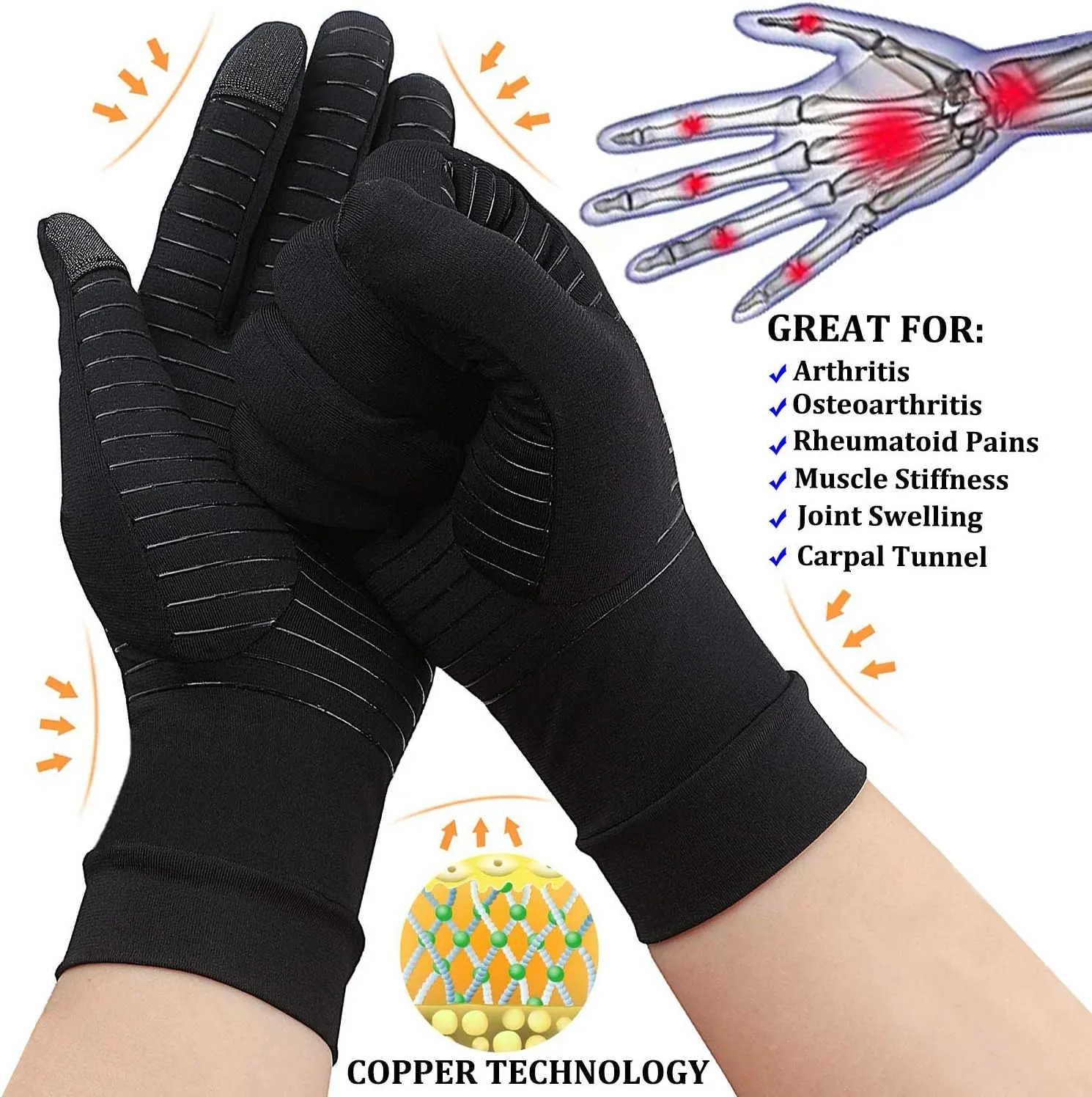 2 Pairs Copper Infused Full Finger Compression Gloves Arthritis Pain Relief M…
